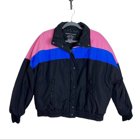 American Eagle Cropped Puffer Jacket Large Colorblock - Picture 1 of 7